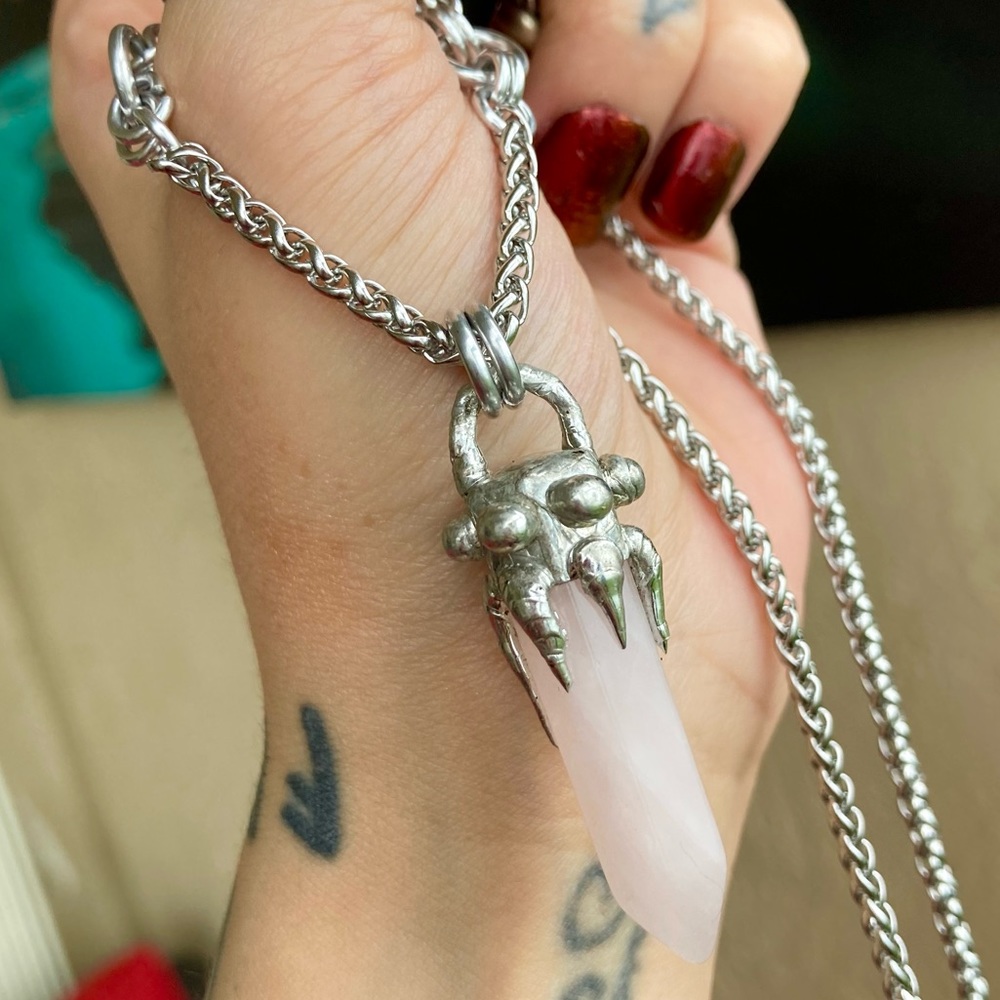 Natural Rose quartz crystal gemstone boho goth stone  charm necklace - Picture 11 of 14